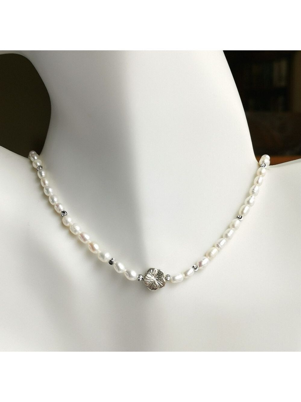White Rice Pearl necklace with sterling silver Flower and Rondelles 🆕